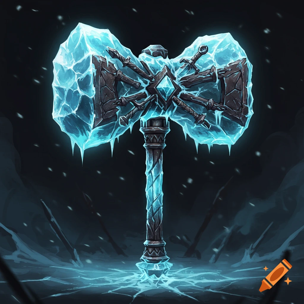 A fantasy battle hammer made of ice and metal stands on cracked ice in a snowy, dark setting.
