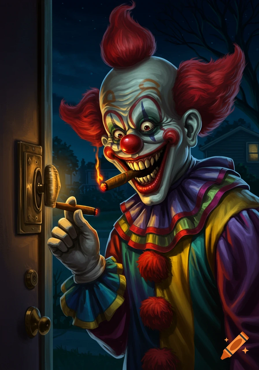 A creepy killer clown holding a lit cigar, peering through a doorbell lens at night.