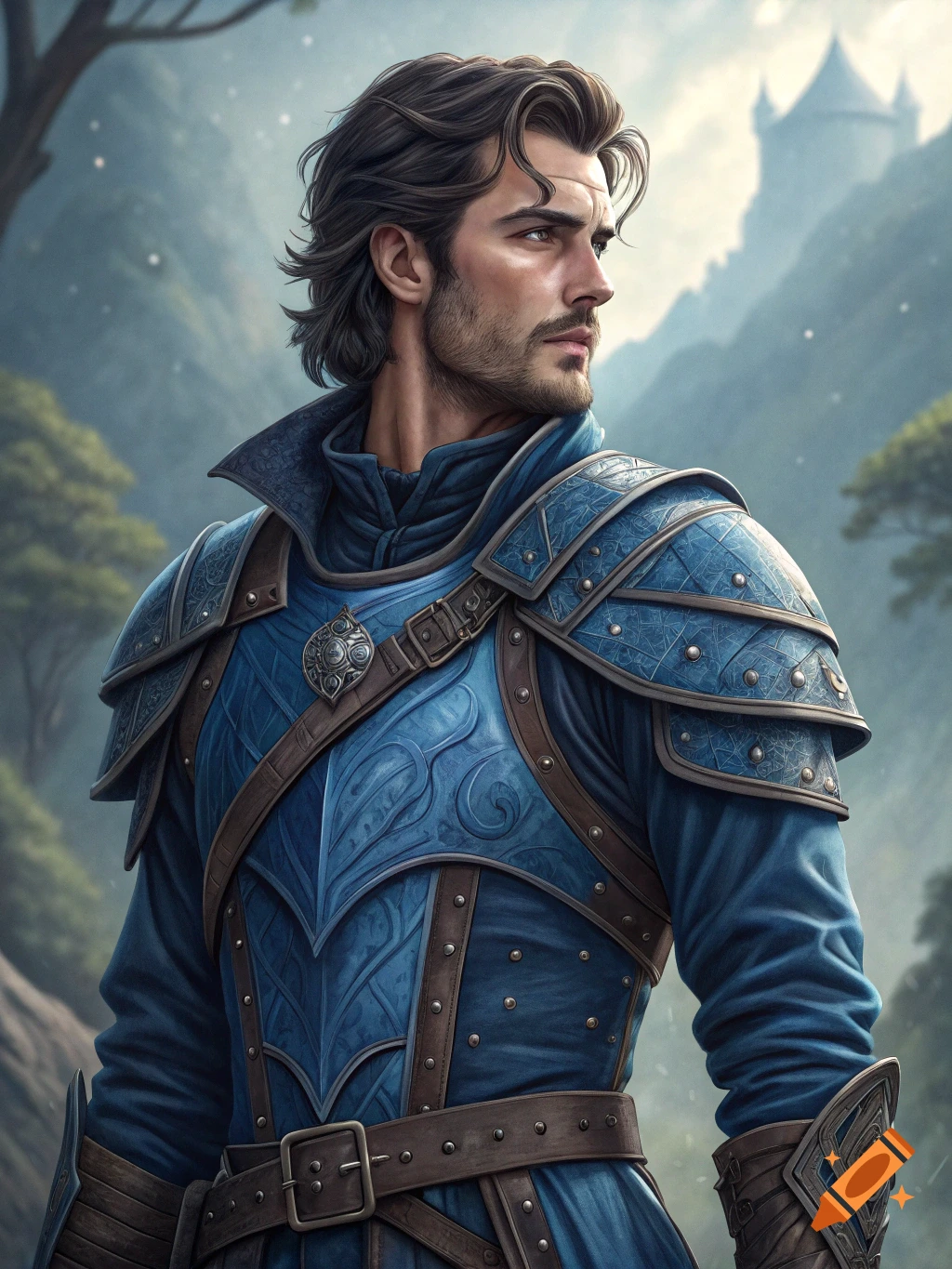 A fantasy portrait of a man in blue leather armor with a brooding expression looking at a distant castle.