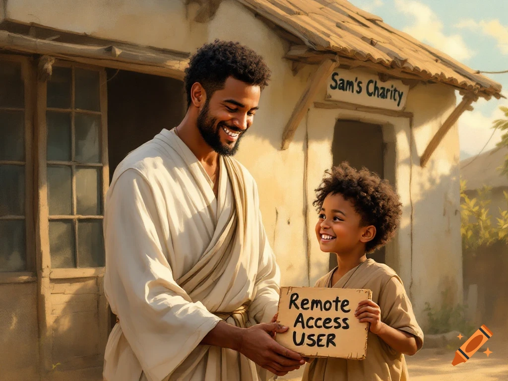 Painting of a man in robes with a child holding a sign outside Sam's Charity.