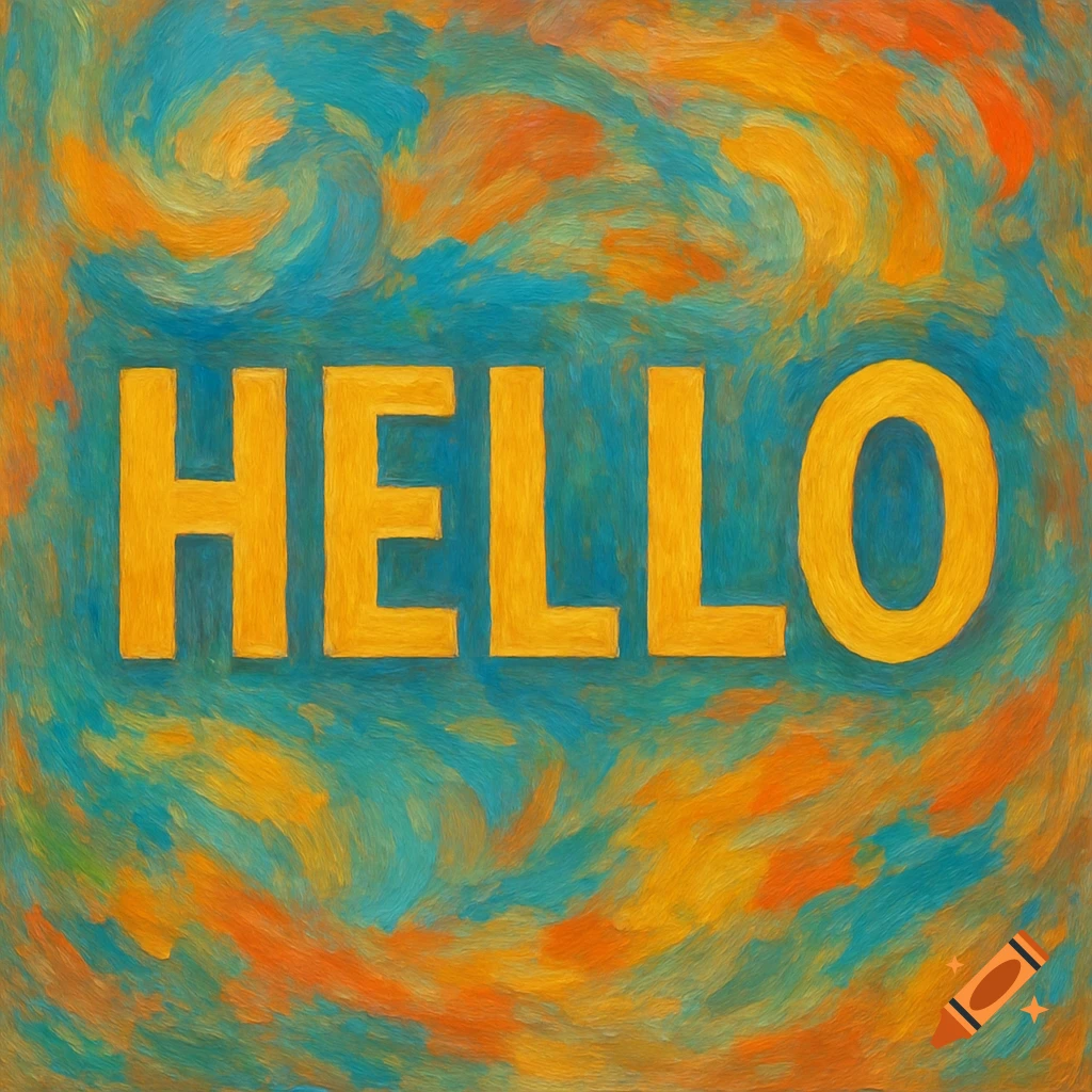 The word HELLO in large yellow letters on a background of swirling blue and orange brushstrokes.