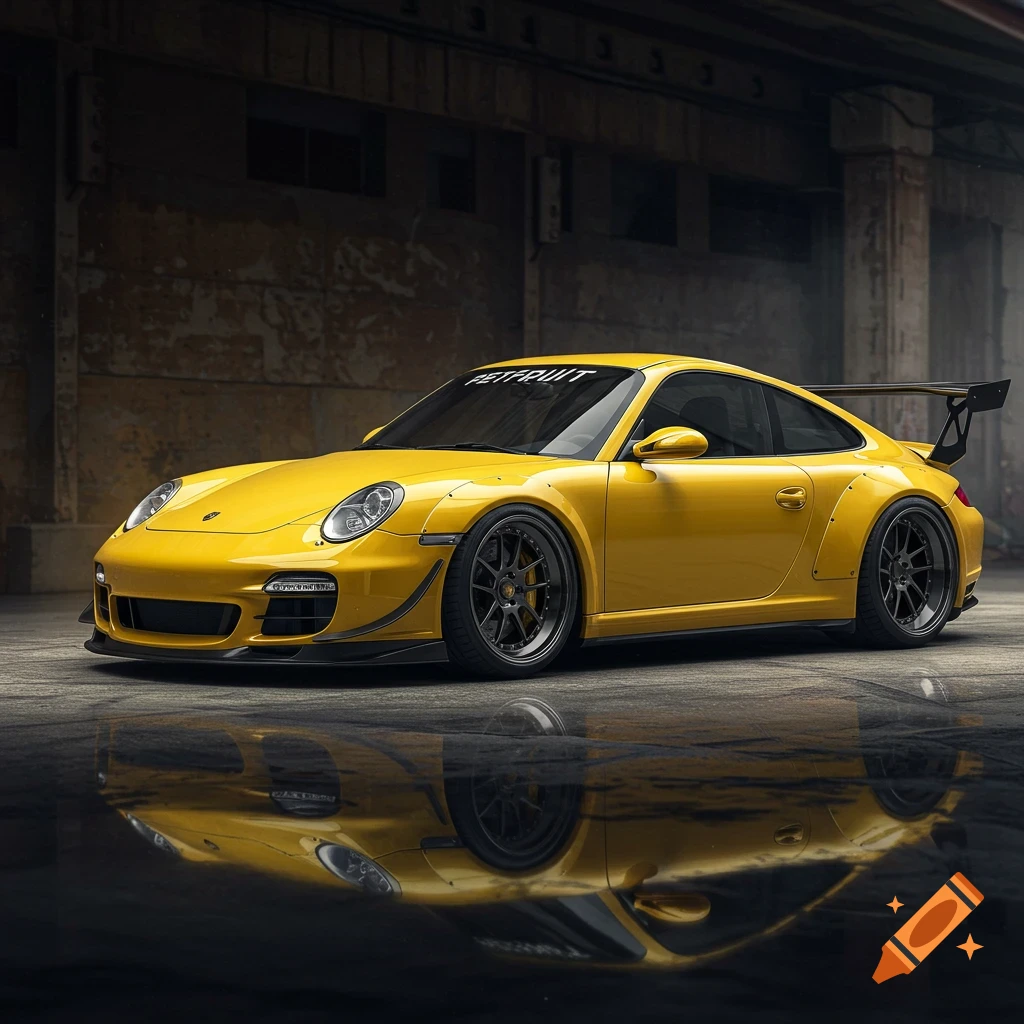 A bright yellow Porsche sports car with a large rear spoiler is parked in a dimly lit garage, reflected in a wet floor.