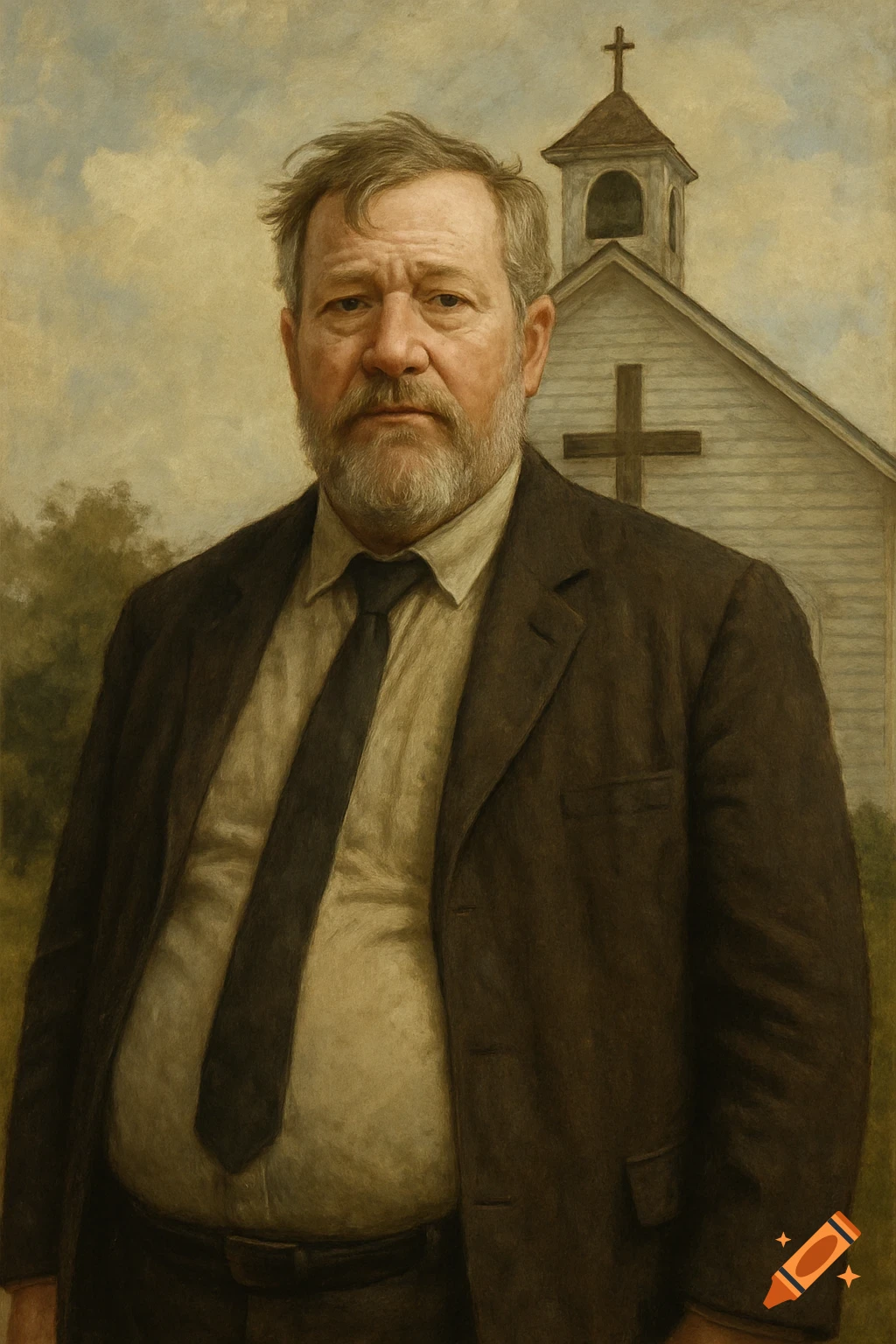 An older man with a beard wearing a suit and tie, standing in front of a white church.
