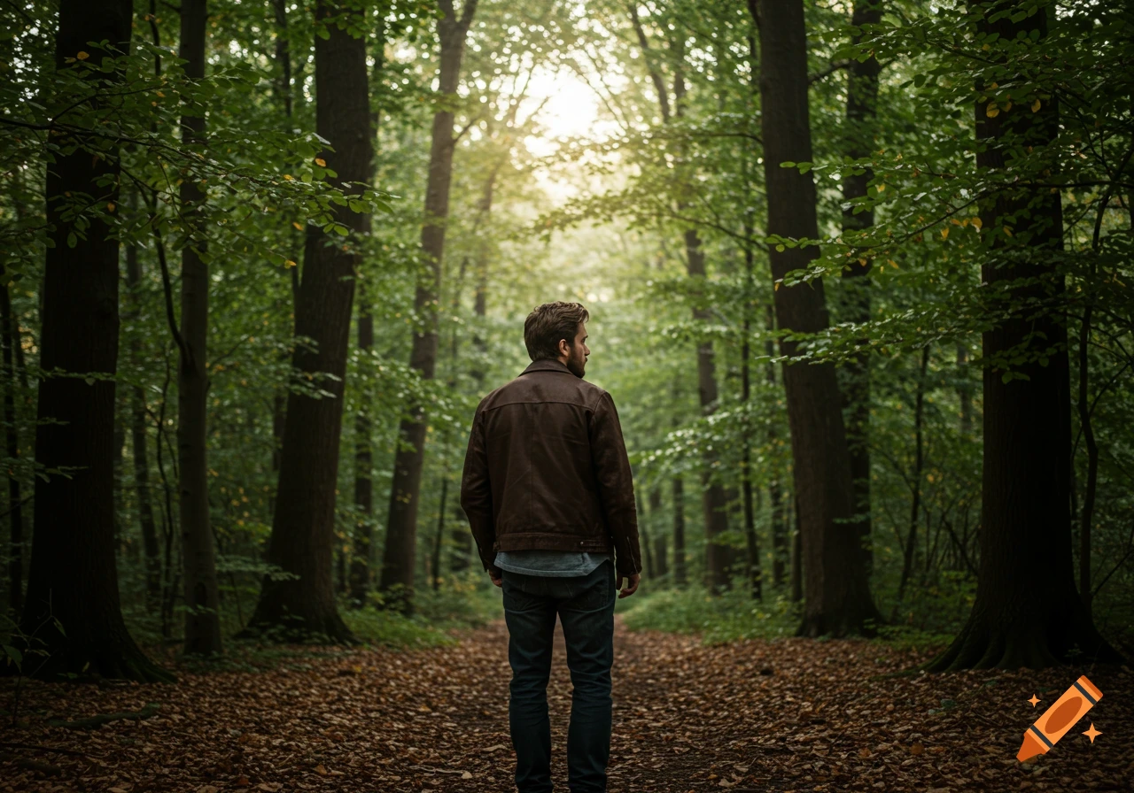 A man seen from behind stands on a leaf-covered path in a sunlit forest, photorealistic style.