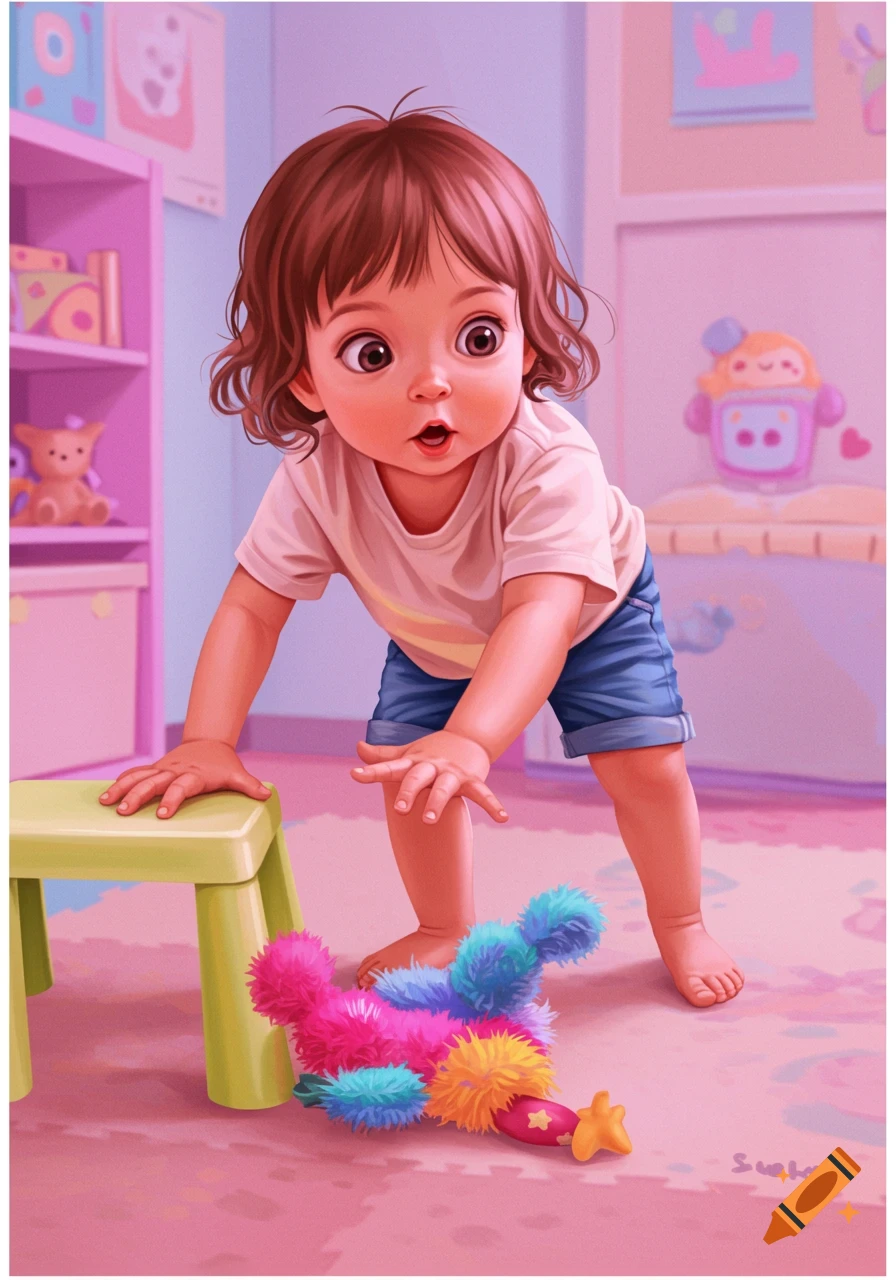 A young child reaches for a colorful toy near a stool in a playroom.