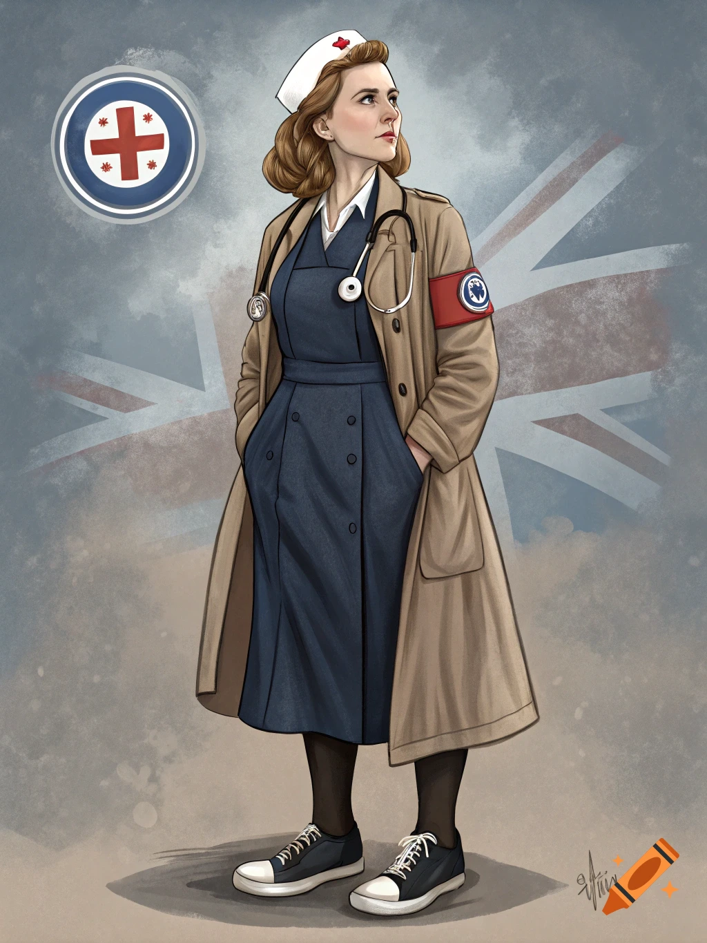 An illustration of a woman dressed as a nurse in a trench coat standing in front of a Union Jack flag.