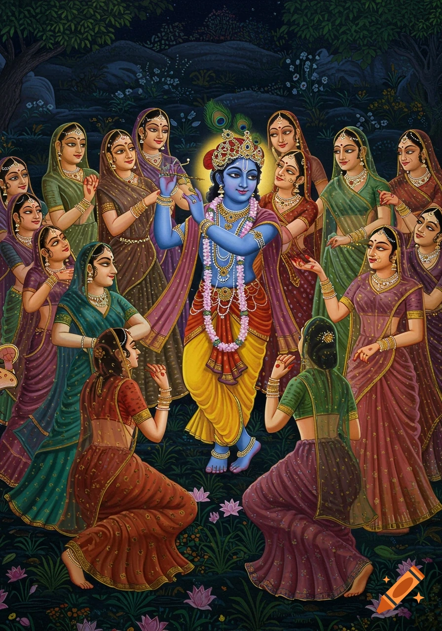 Painting of Krishna playing flute surrounded by Gopis dancing in a forest