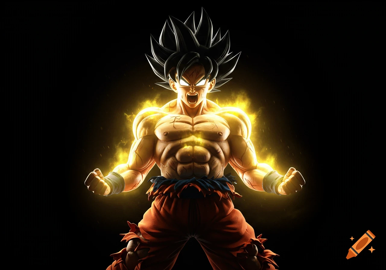 Muscular anime character Goku powering up, glowing with golden energy on a black background.