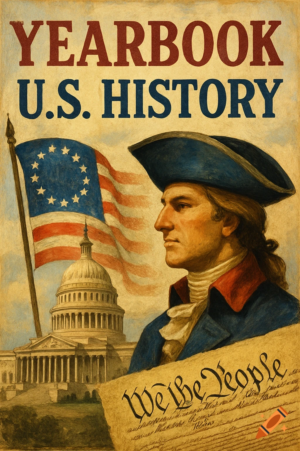 Illustration of figure in colonial clothes, US flag, Capitol building, and 'We the People' document.