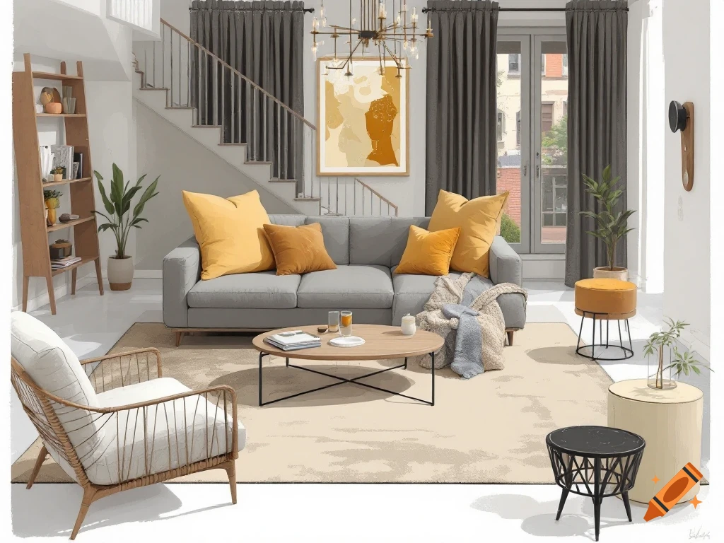 A living room with a gray sofa, yellow pillows, and a wooden armchair.