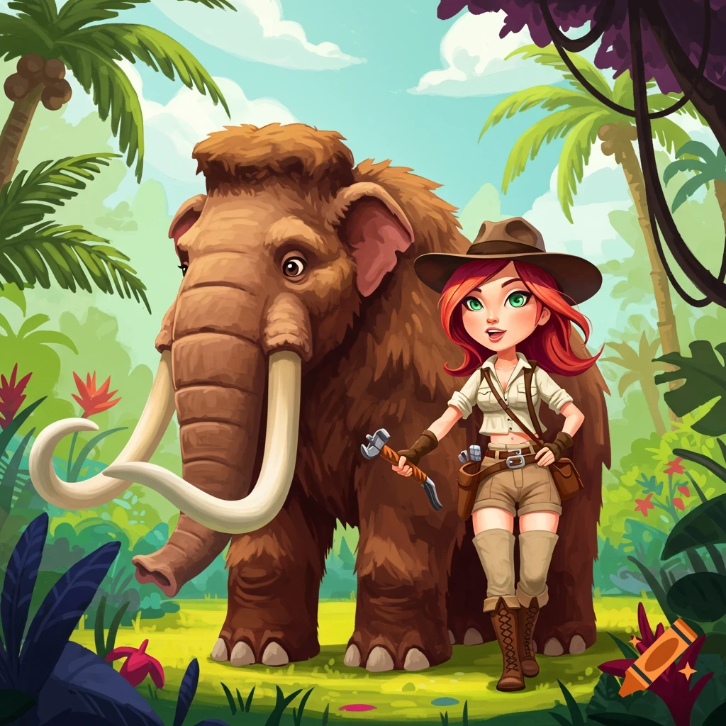 Cartoon woman archaeologist with a woolly mammoth in a jungle.