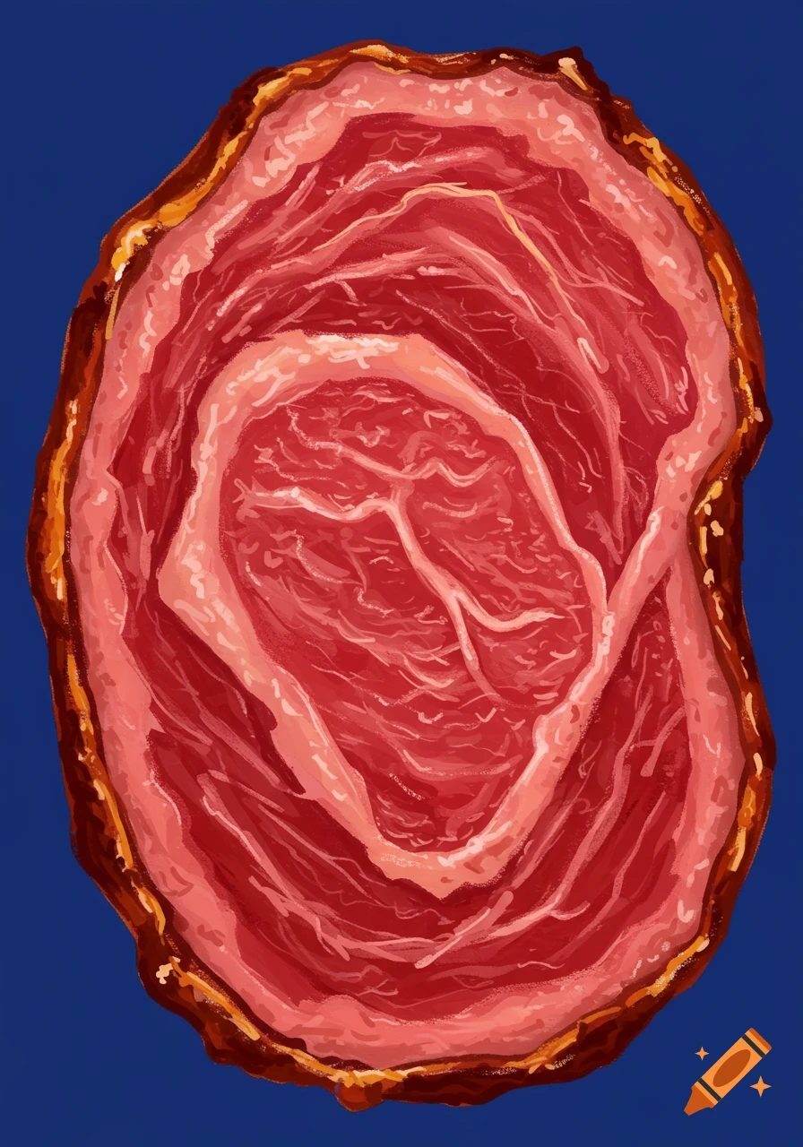 A cross-section of raw meat on a blue background.