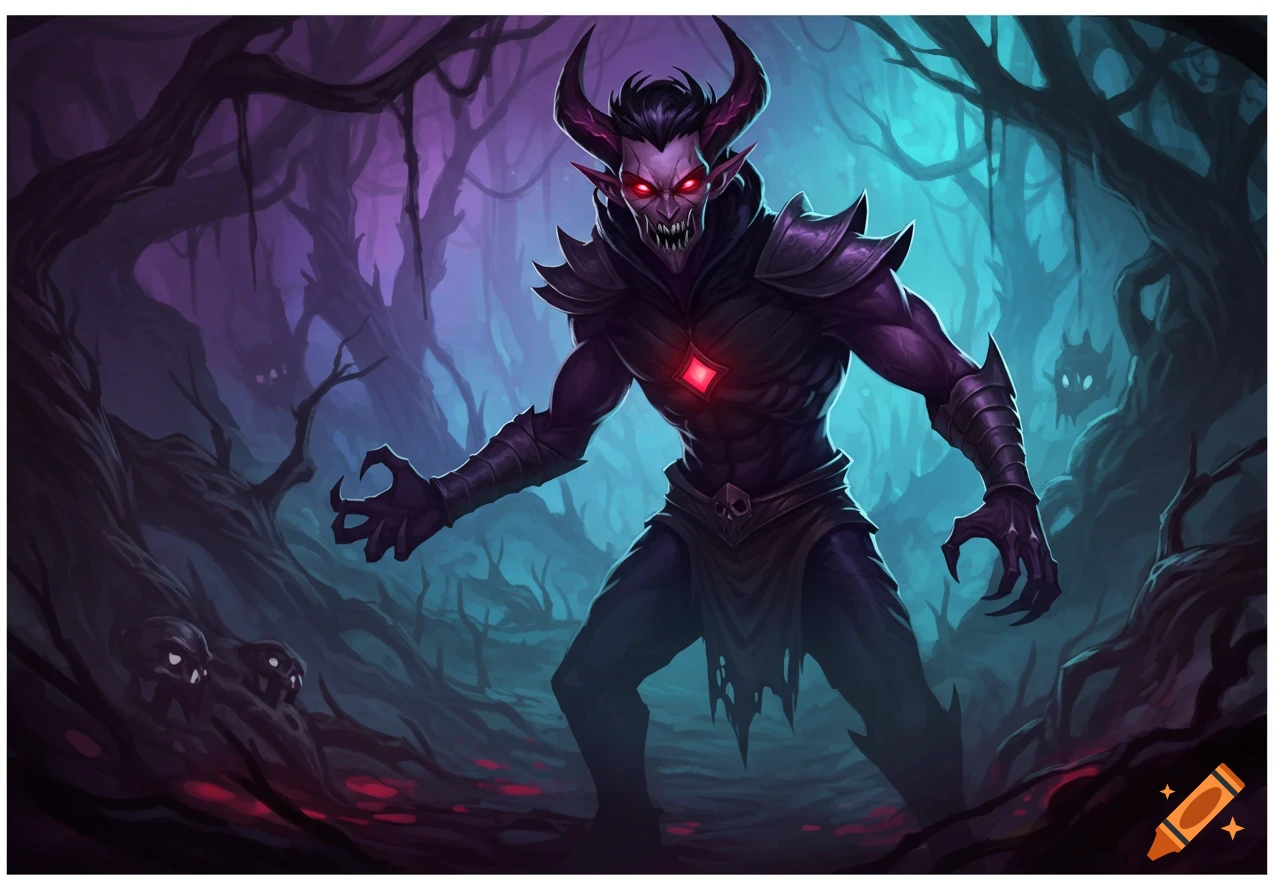 A demonic creature with red eyes and horns stands in a dark, twisted forest.