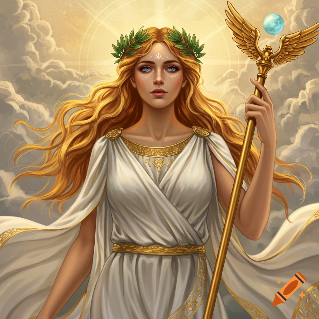 A blonde goddess in a white dress with a laurel wreath, holding a staff.