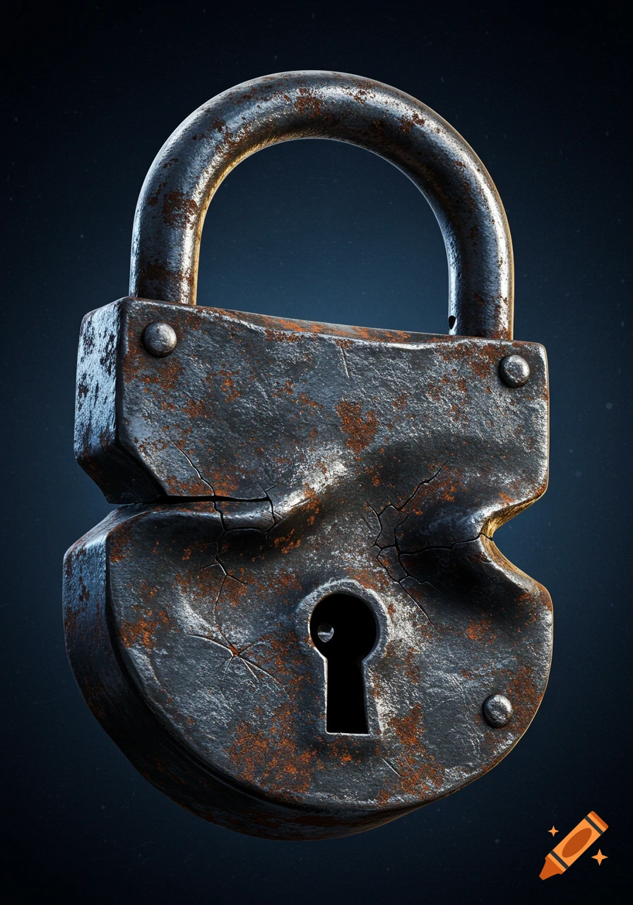 Close-up of a heavily rusted old metal padlock.
