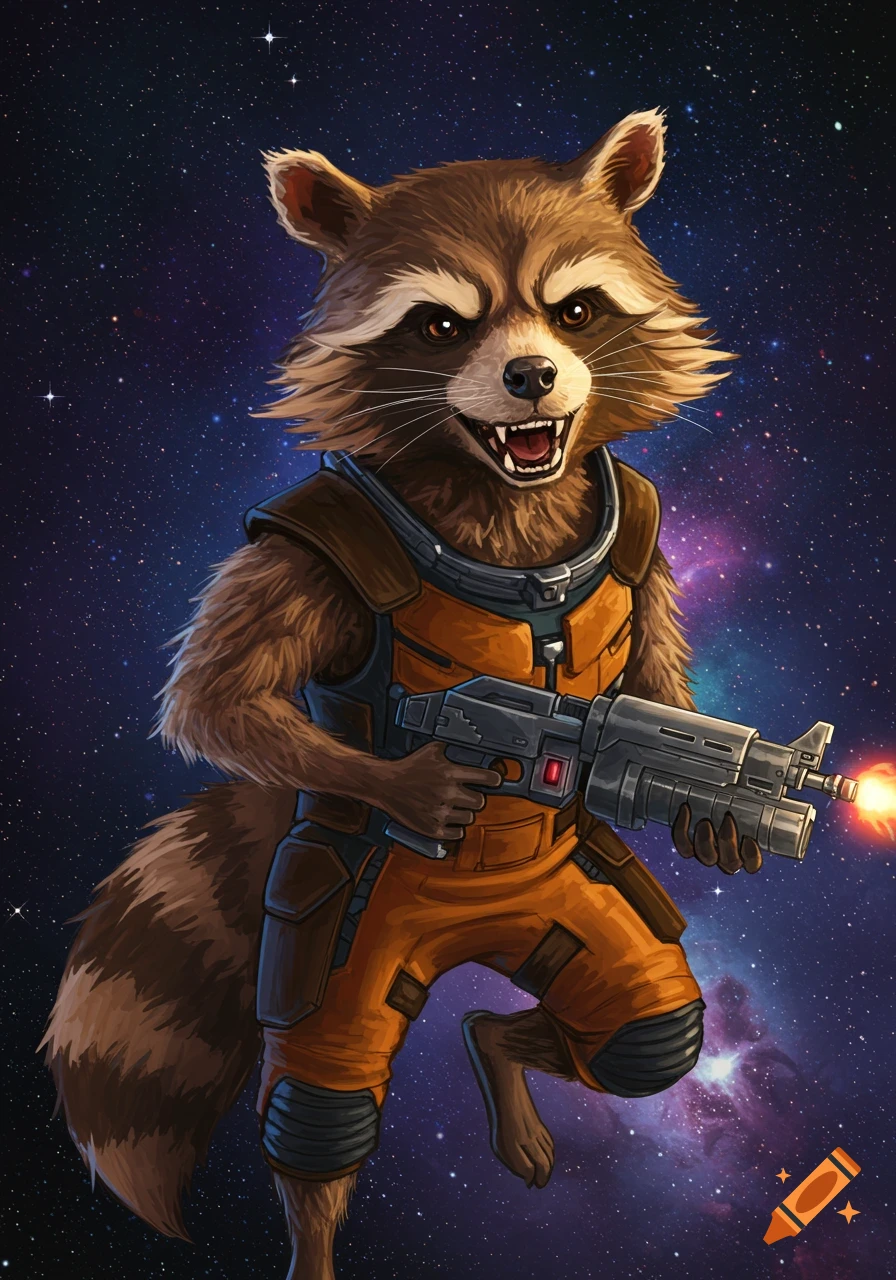 A racoon-like creature is holding a gun while floating in space.