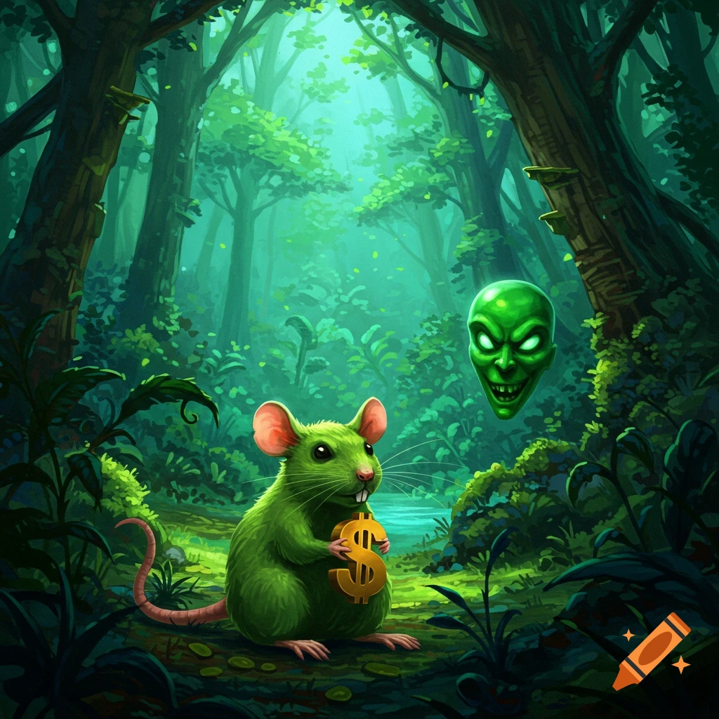 A green rat holding a dollar sign in a forest, looking at a scary floating green face