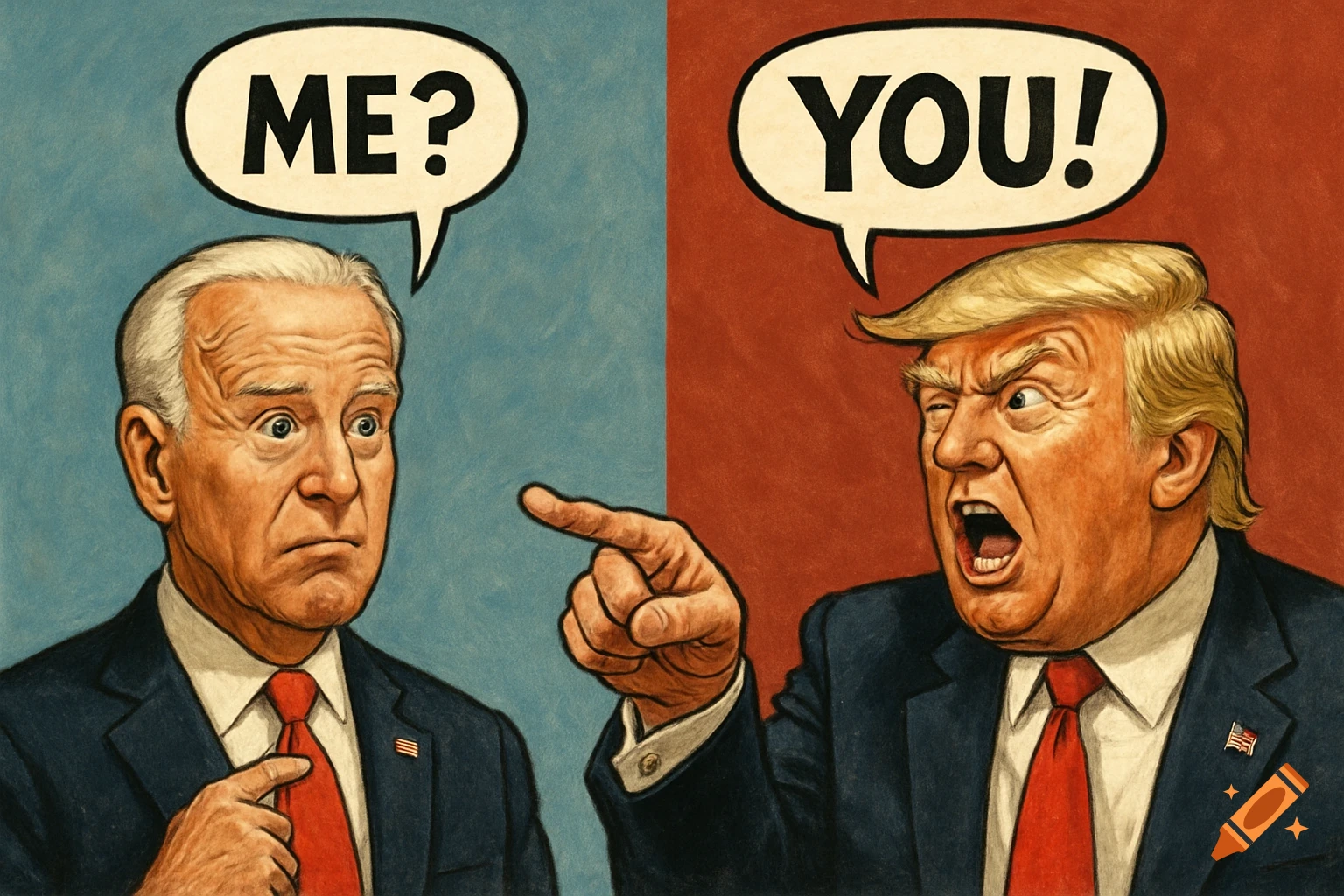 Figures resembling Biden and Trump in a meme, one asking 'ME?' and the other shouting 'YOU!'