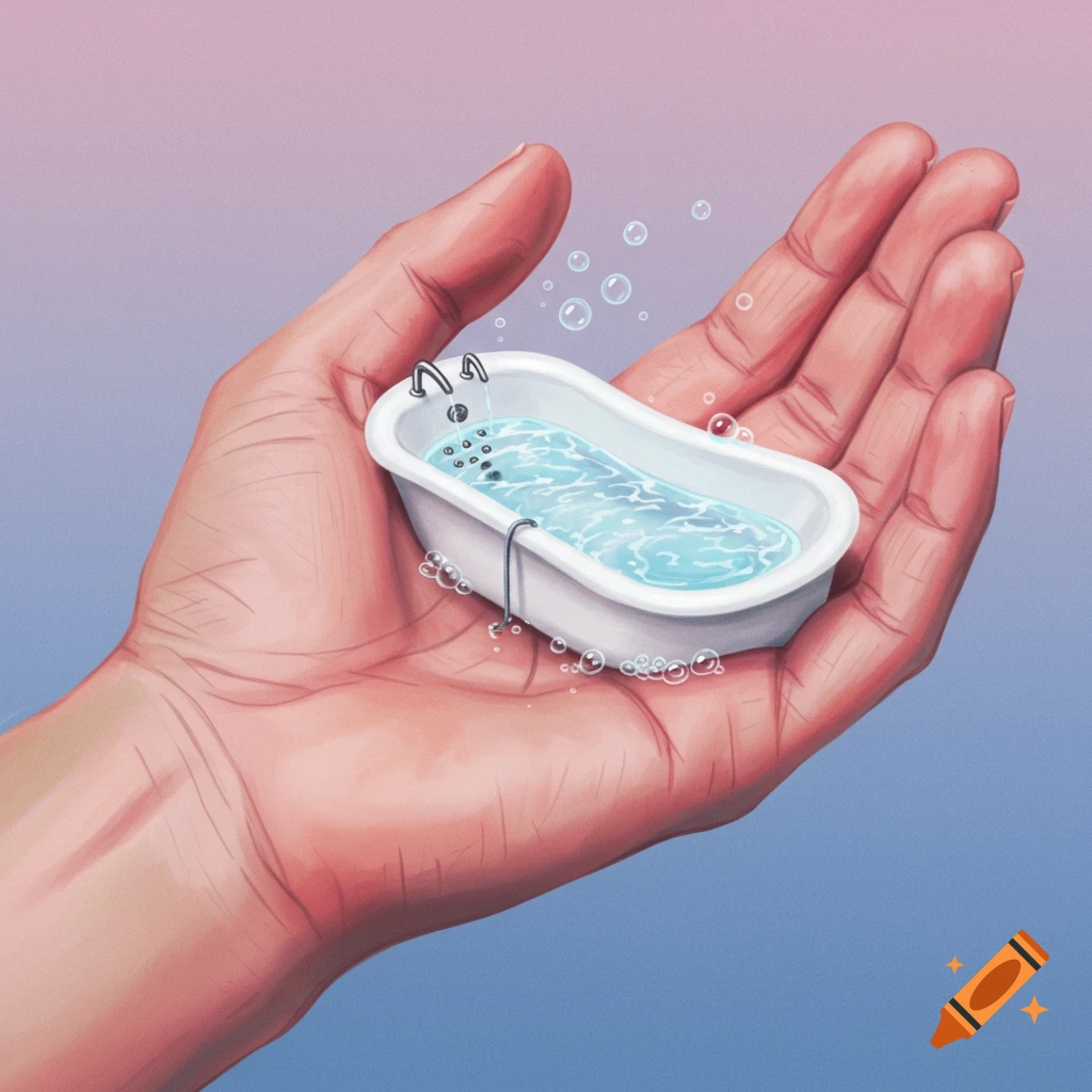 A stylized illustration of a hand holding a tiny bathtub filled with water and bubbles.
