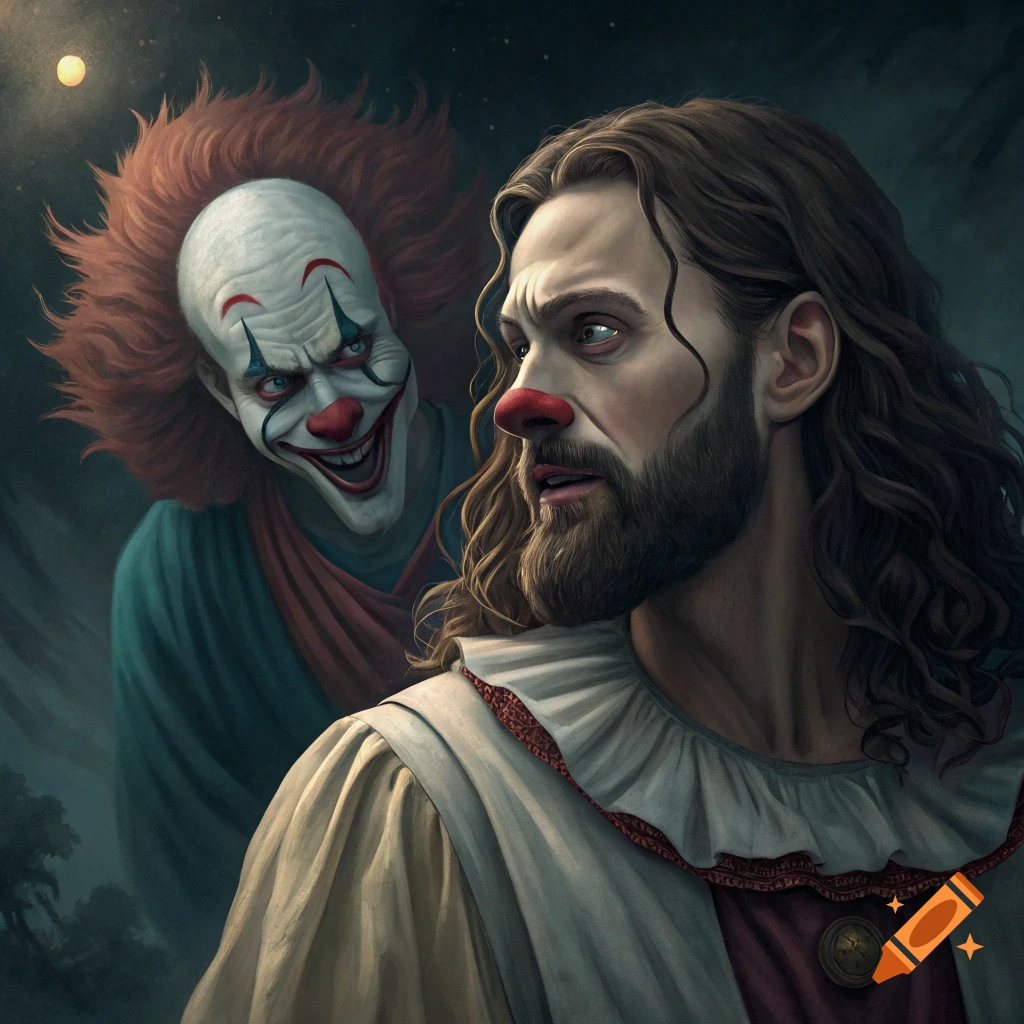 Figure of Jesus with a sinister clown lurking behind him under a full moon.