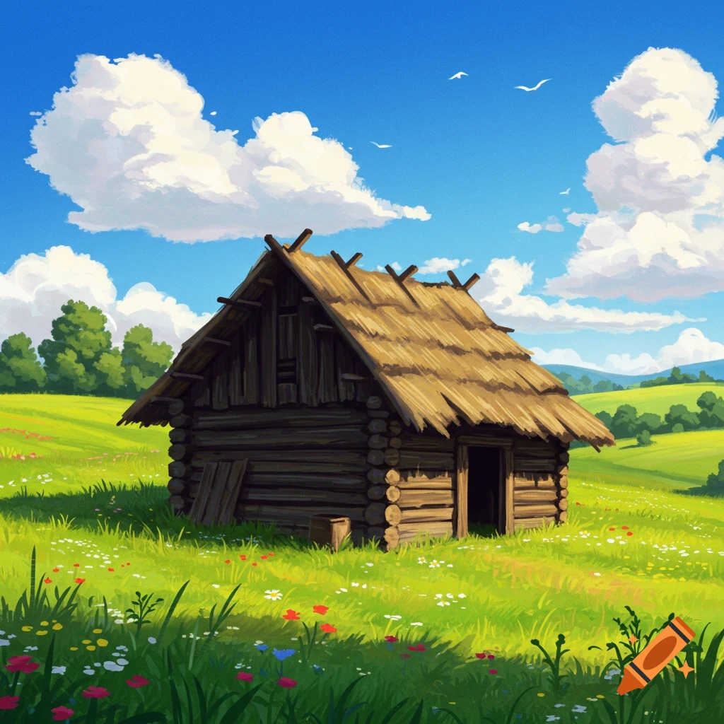 A rustic wooden hut with a thatched roof stands in a grassy field with wildflowers under a cloudy blue sky.