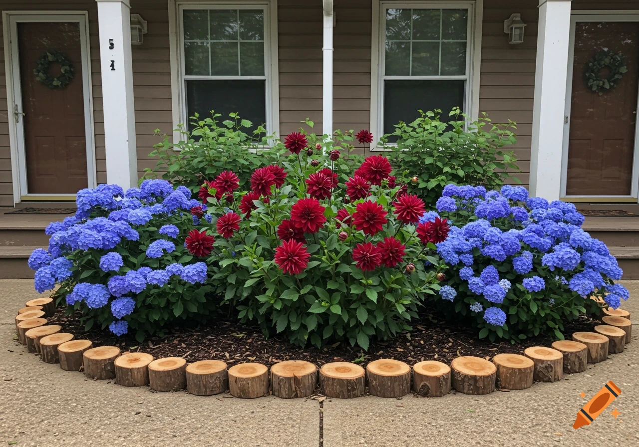 Flower bed with red dahlias and blue hydrangeas edged with wood logs, between two house porches.