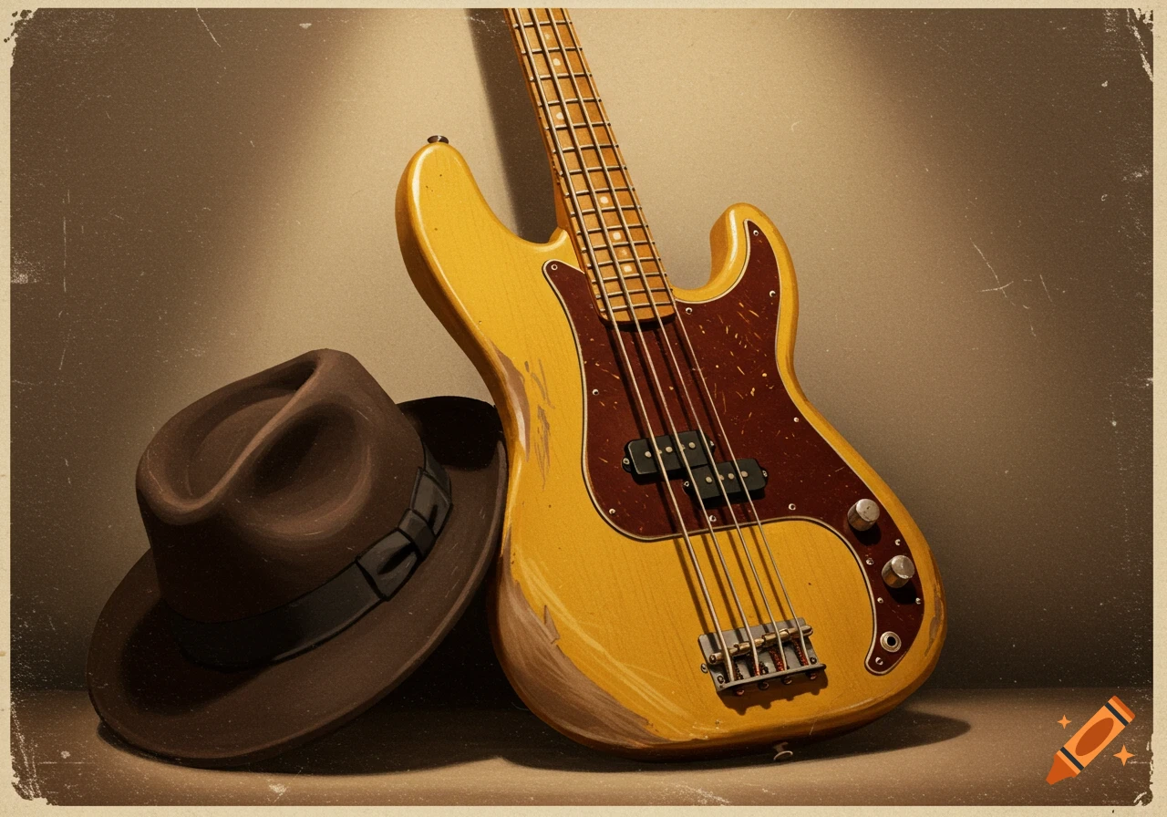 A vintage yellow bass guitar leans next to a brown fedora hat, still life with retro filter.