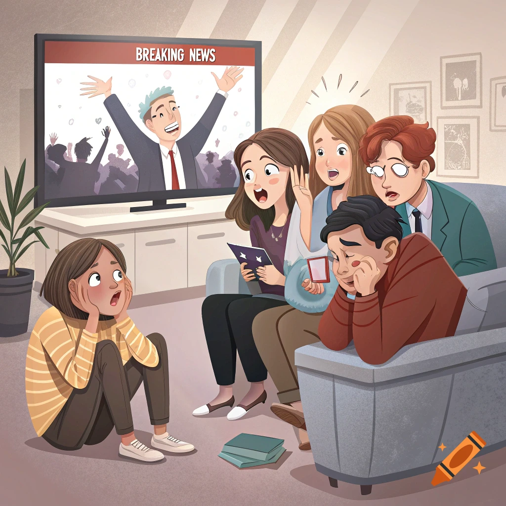 Illustration of people reacting with shock and sadness to breaking news on television.
