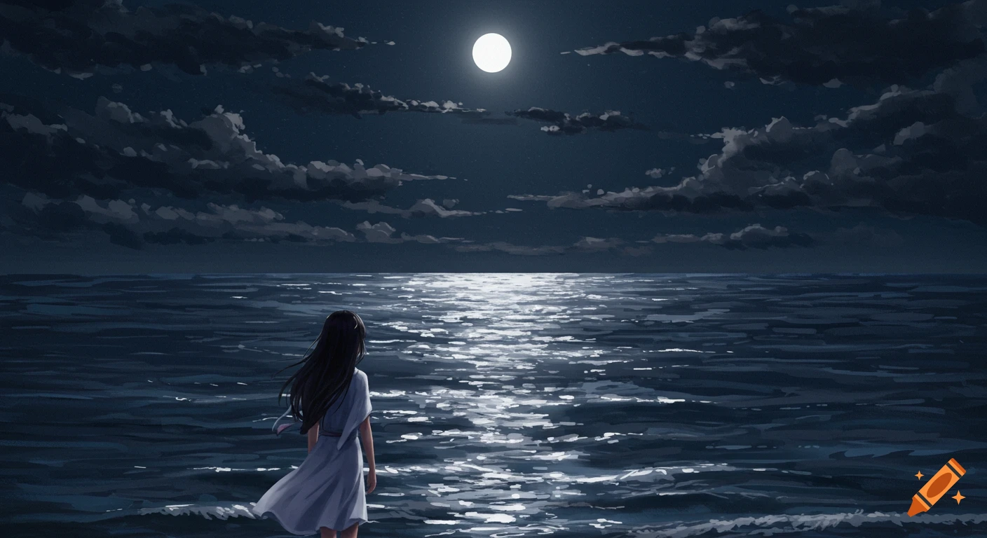 A solitary figure stands by the ocean under a bright full moon at night, digital painting style.