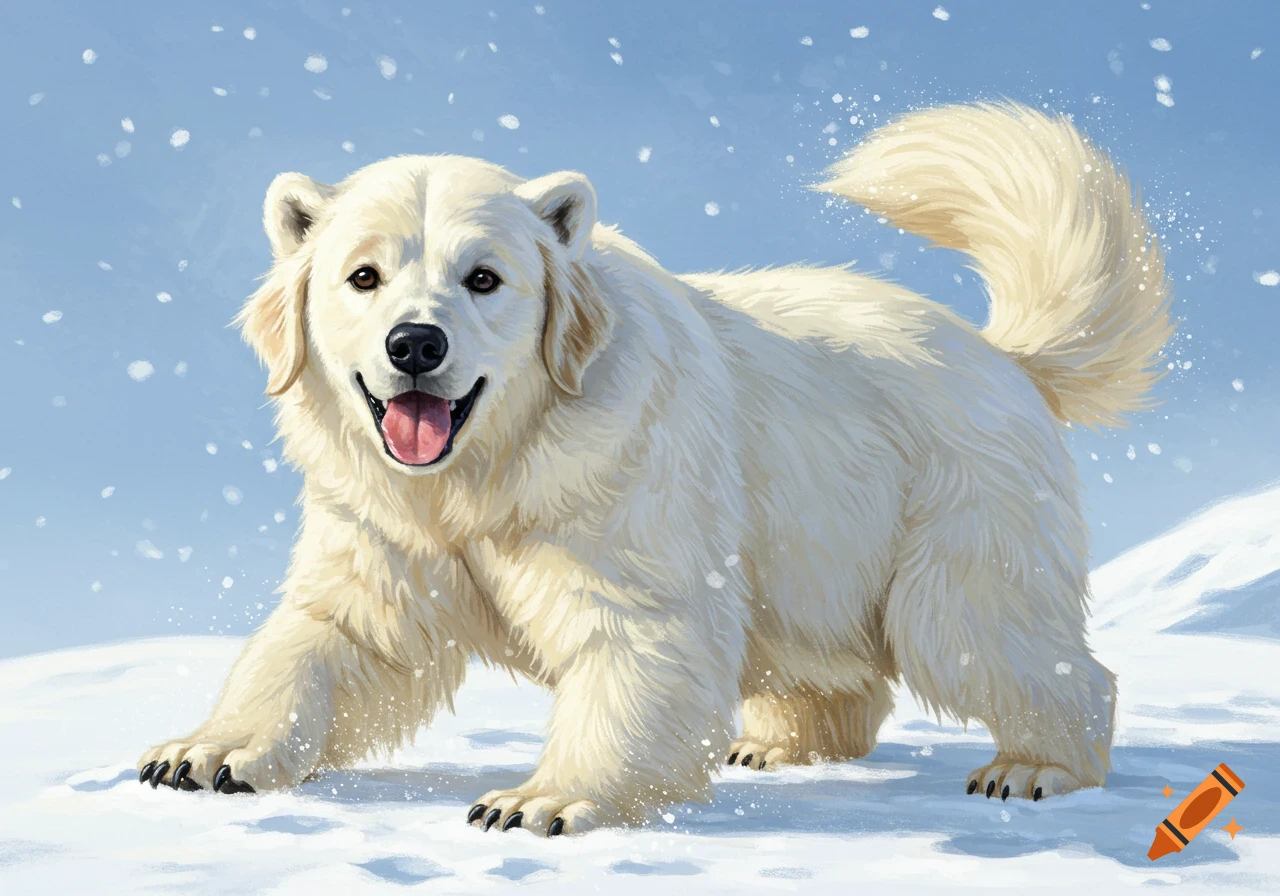 A large, fluffy white dog-like creature stands in the snow.