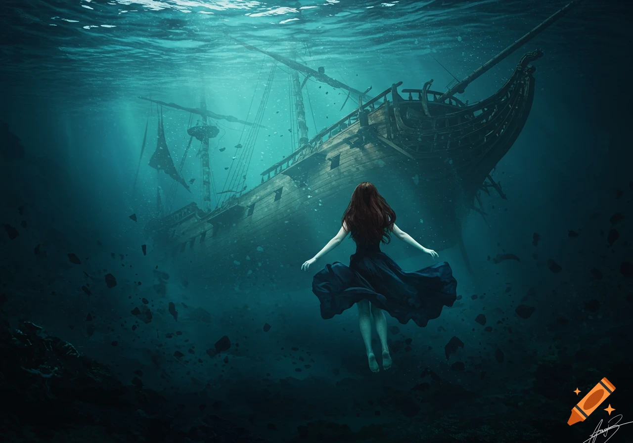 A woman in a dress swimming underwater towards a large shipwreck.