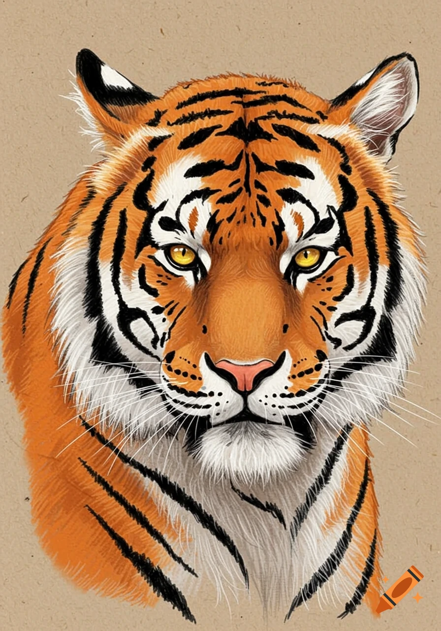 Close-up illustration of a tiger's face on a beige background.
