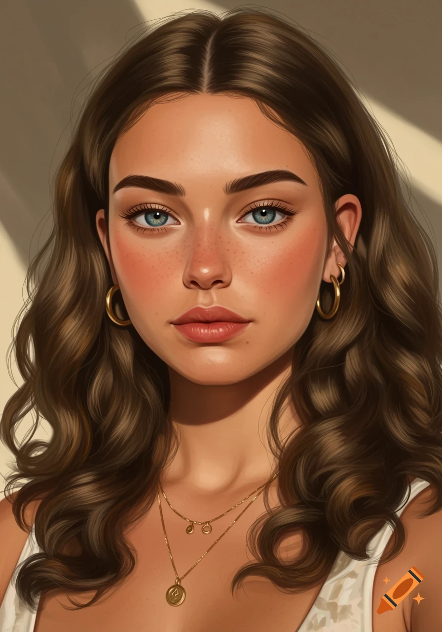Portrait of a young woman with brown wavy hair and blue eyes wearing gold jewelry.