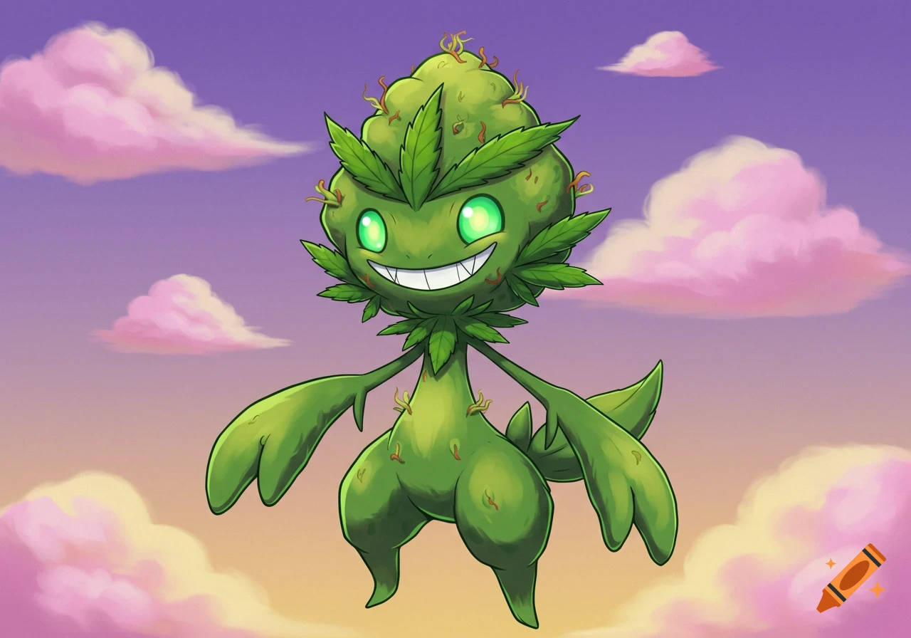 A cartoon green plant creature resembling a Pokemon floats in a colorful sky.