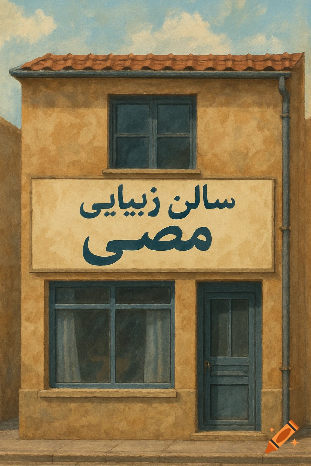 Yellow building with a blue sign that says 'Salon Zibayi Mosy' in Arabic.