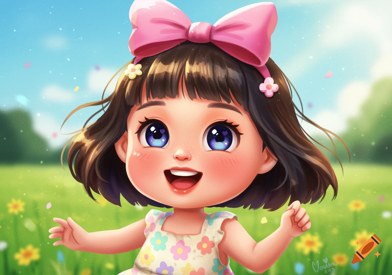 Cute cartoon girl with a pink bow in a field of flowers.