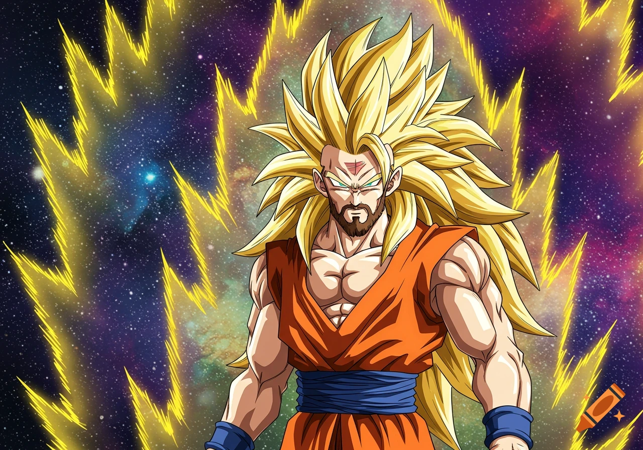 Illustration of a muscular man with spiky blonde hair and beard in an orange gi, with energy effects in space, in a style resembling anime.