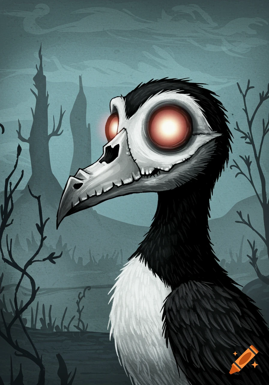 Stylized illustration of a bird with a skull-like face and glowing red eyes in a spooky landscape with bare trees.