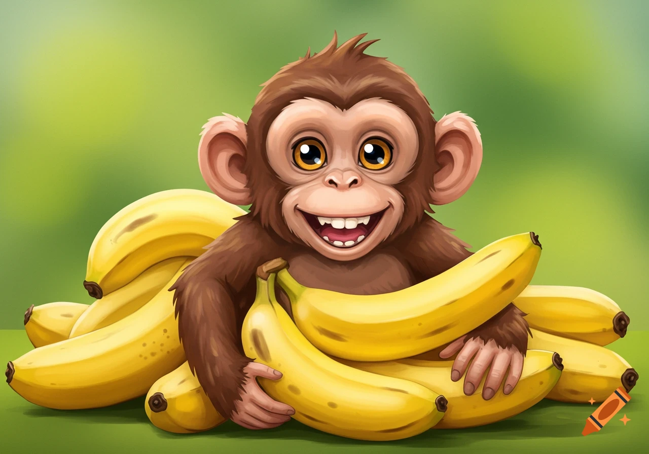 Cute cartoon monkey smiling and holding a pile of bananas