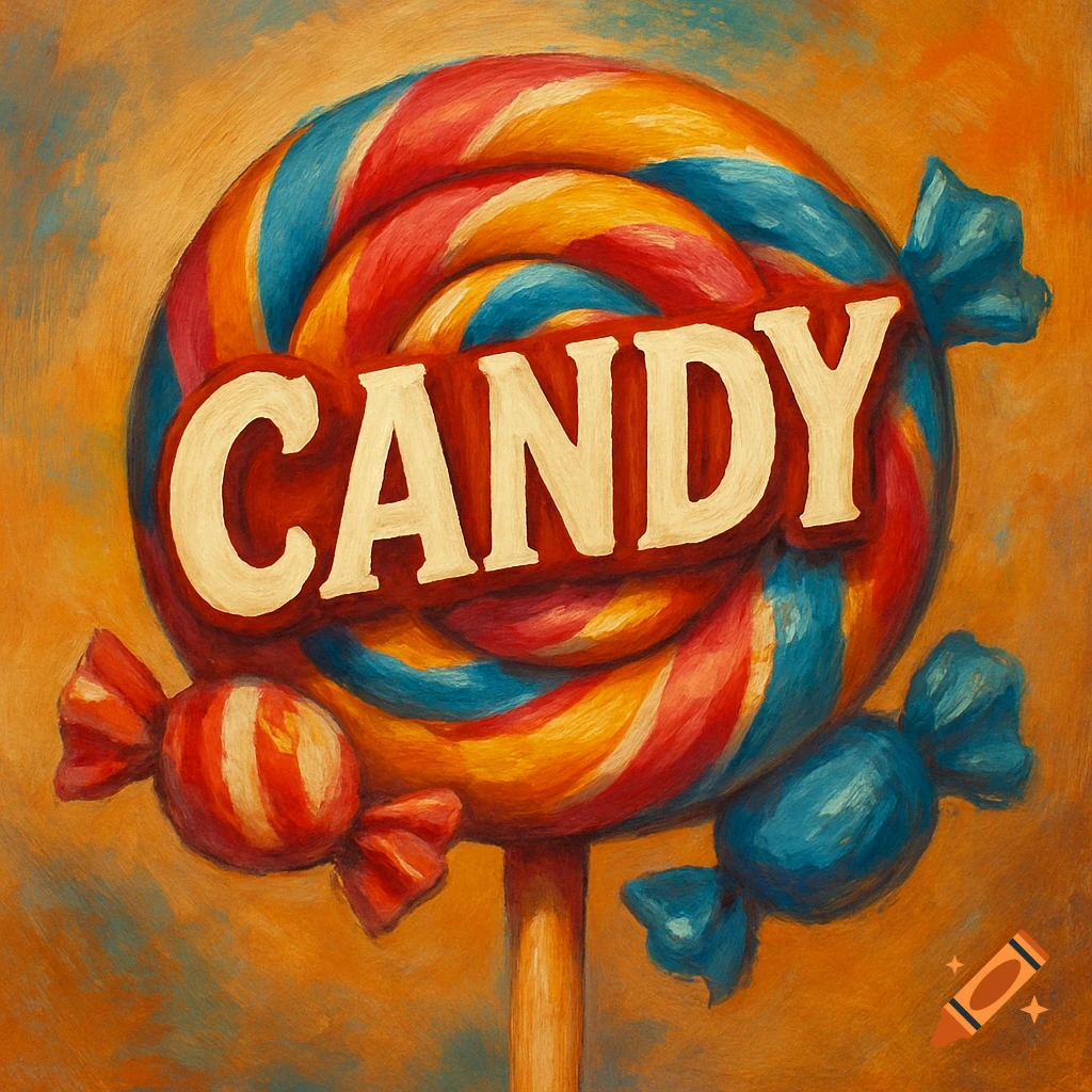 A large swirled lollipop with the word 'CANDY' on a banner, flanked by two wrapped candies.