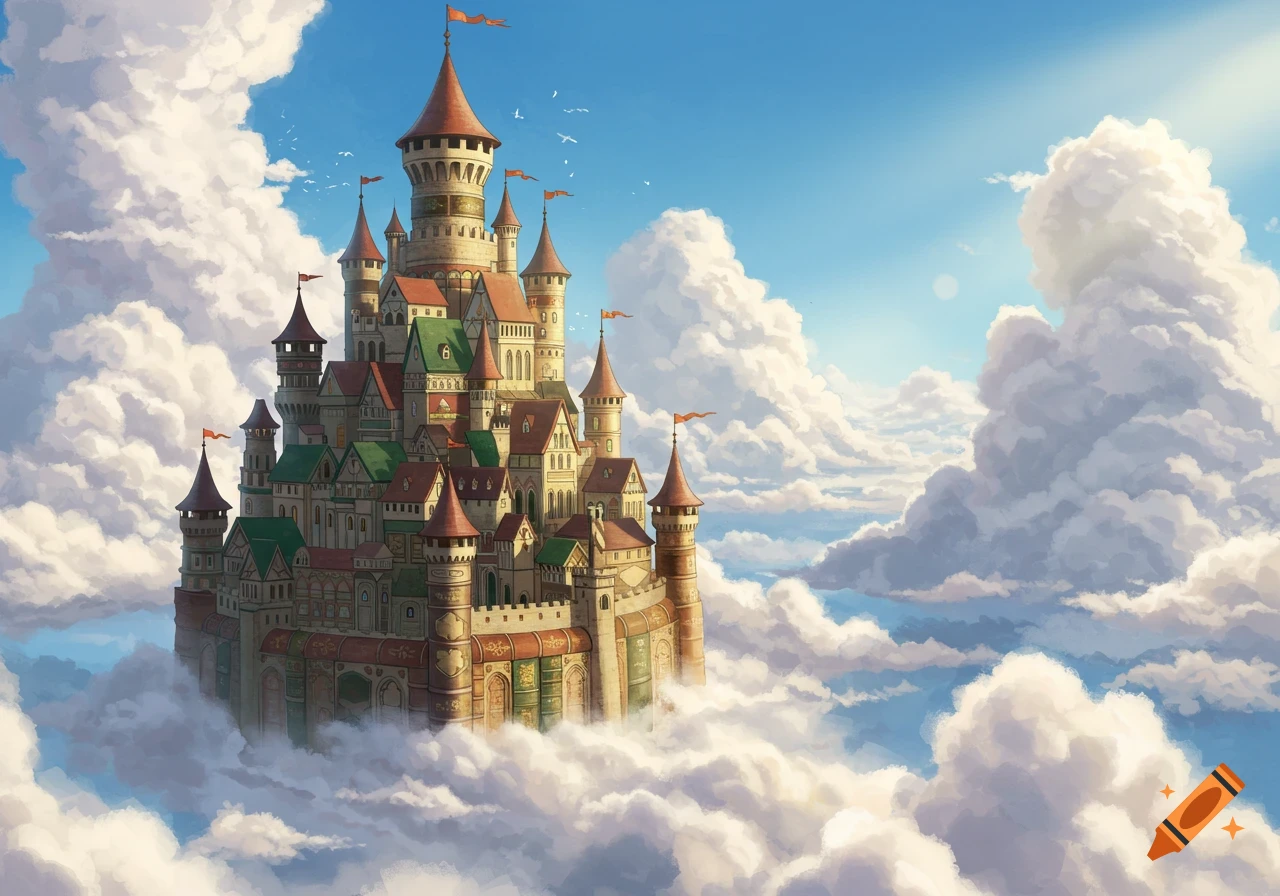 A fantasy castle made of books floats on clouds in a sunny sky.