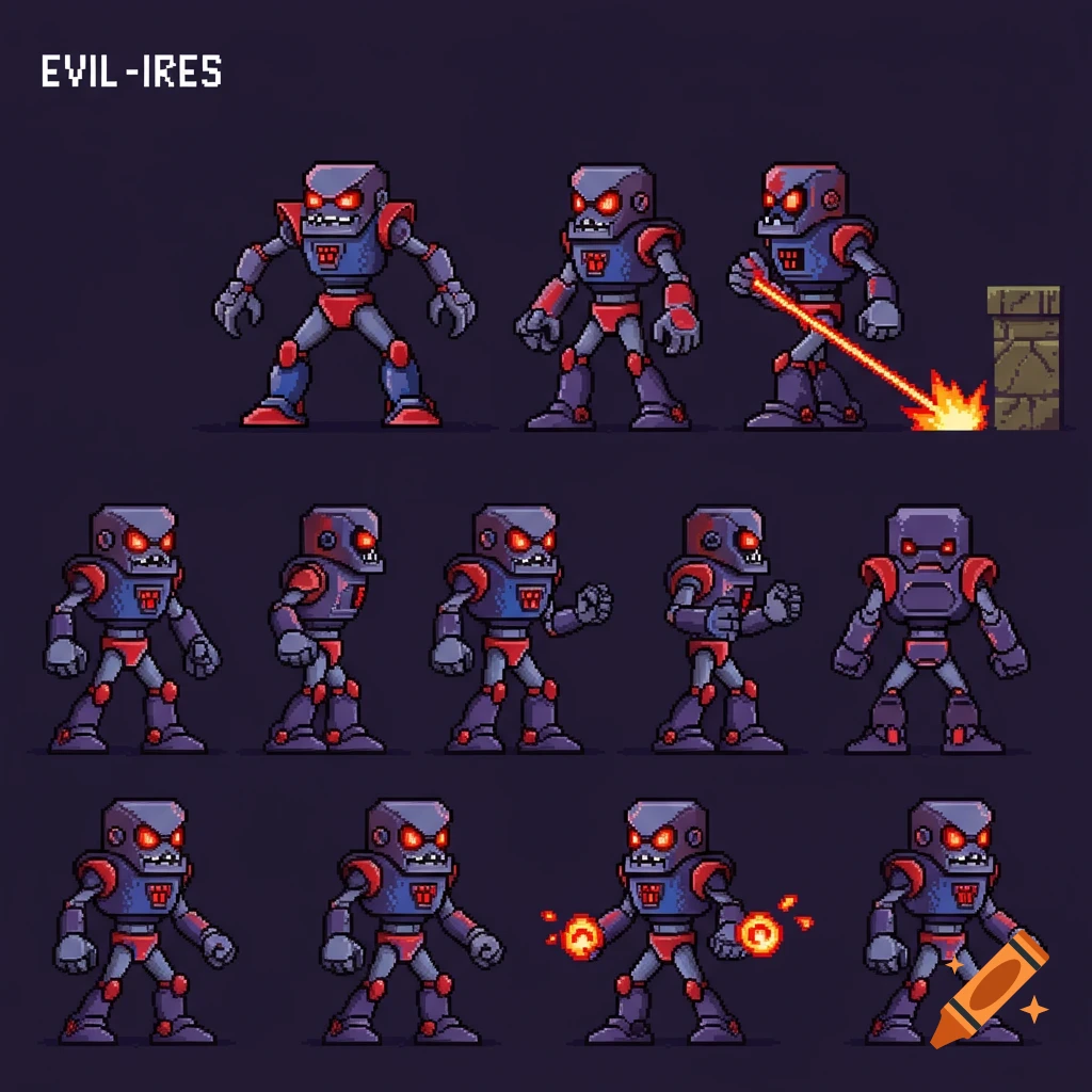 Multiple pixel art sprites of an evil robot in different poses, labeled "EVIL-IRES".