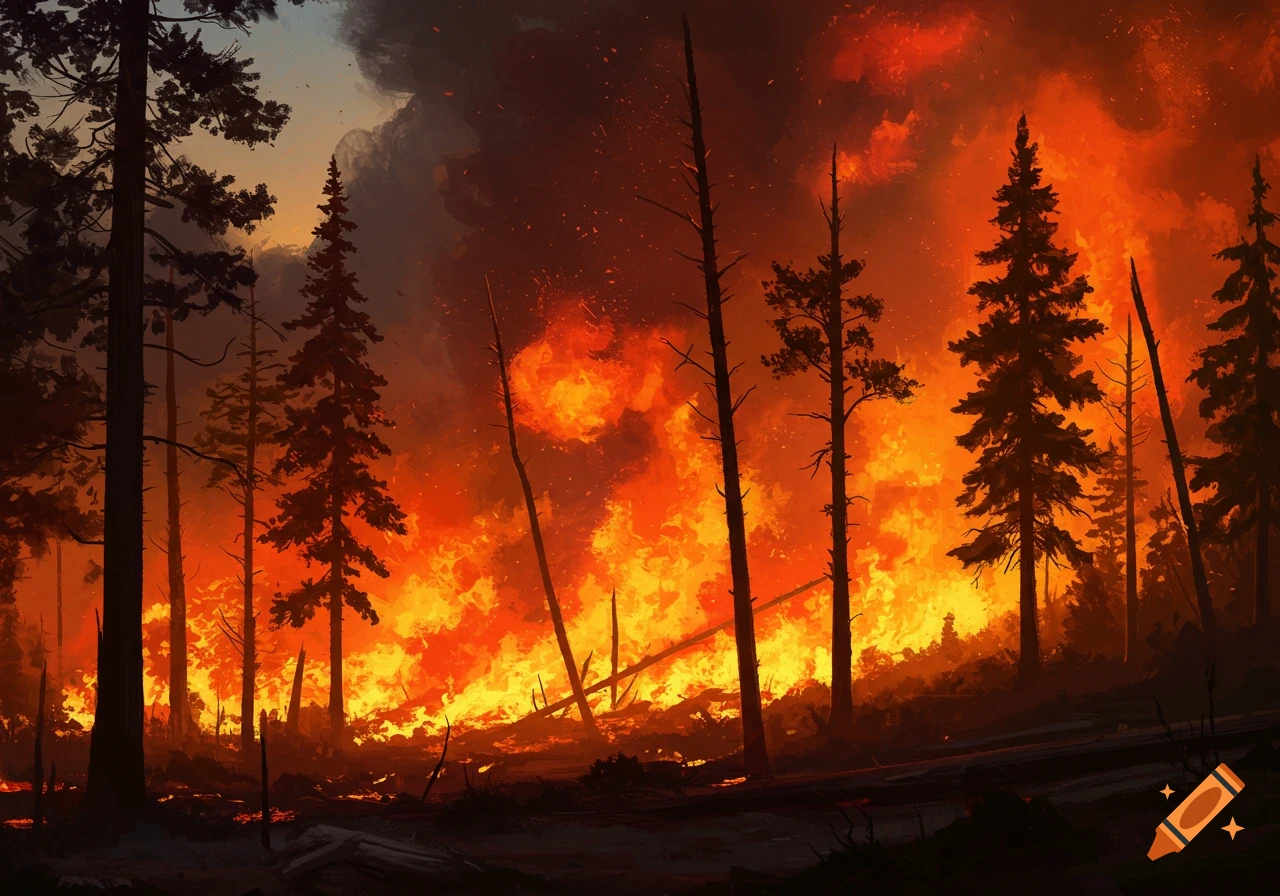 A large forest fire burning through trees