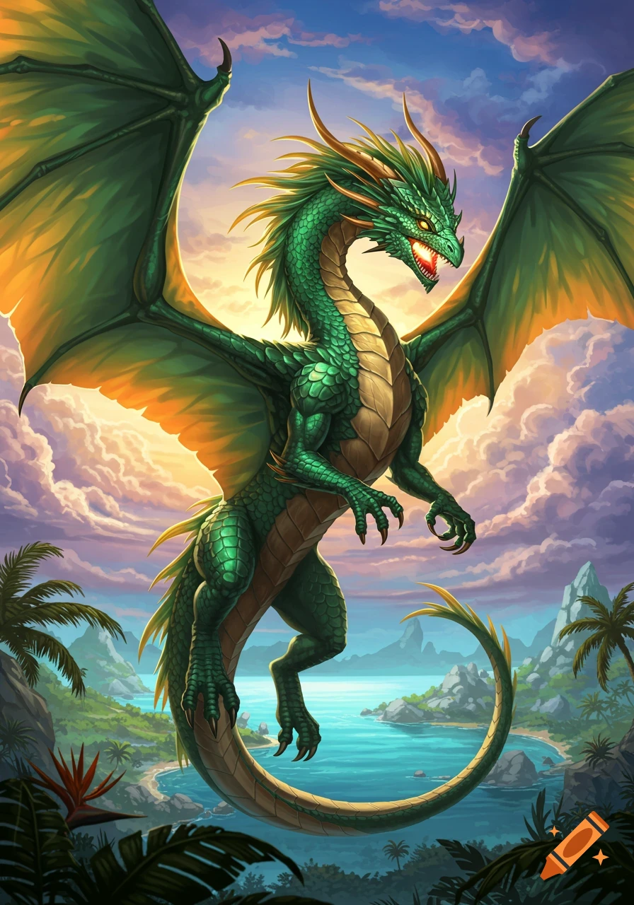 A green dragon flying over a tropical island at sunset.