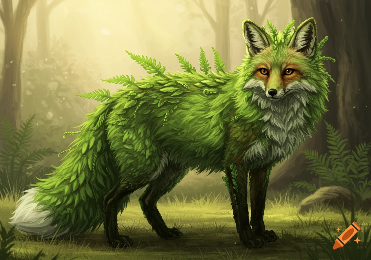 A fox whose fur is made of green fern leaves, standing in a forest.