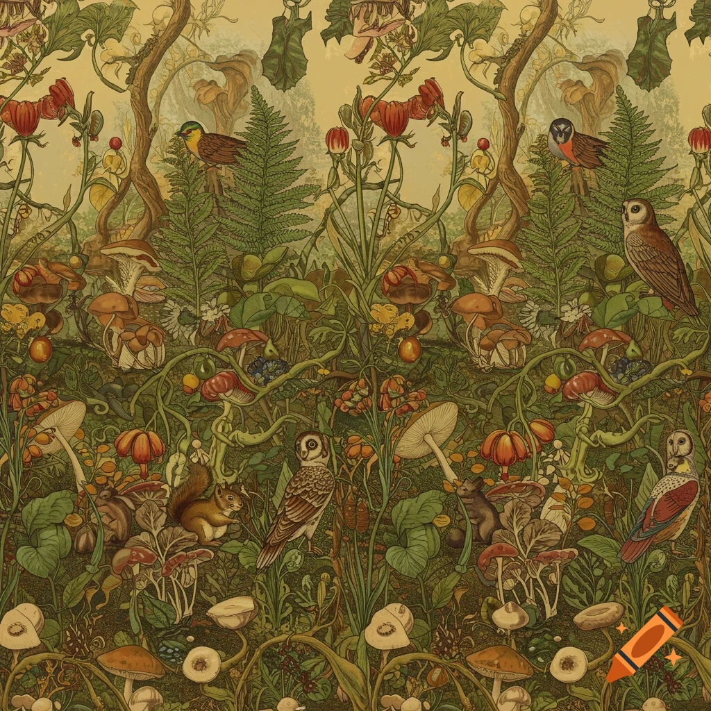 Vintage botanical illustration pattern with ferns, mushrooms, vines, birds, and squirrels in a forest floor scene.