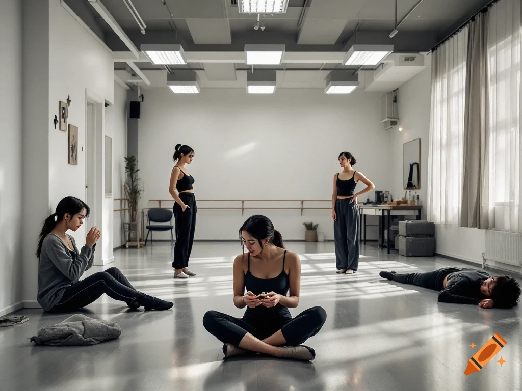 Several people are in a bright dance studio, some are sitting or lying on the floor, others are standing.