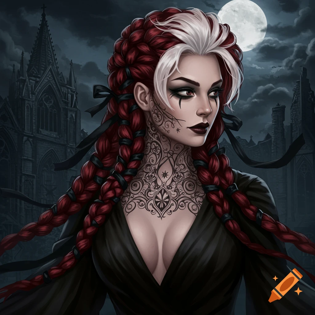 Portrait of a gothic woman with braided red and white hair, dark makeup, and ornate neck tattoos, against a backdrop of gothic architecture and a full moon.