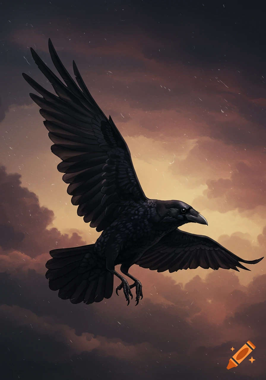 A black crow flies through a stormy sunset sky.