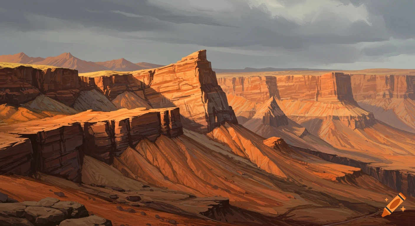 Vast canyon landscape with layered orange rock formations under a cloudy sky.